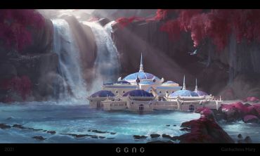 A fantasy palace by a waterfall surrounded by red foliage and water.