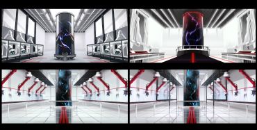 A futuristic lab with a central glowing cylindrical core and red robotic arms.