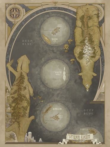 Fantasy map depicting Dragon Realm with islands and dragon-shaped landmasses.