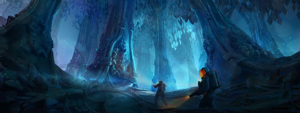Two explorers investigate a mysterious glowing cave with blue light and ancient structures.