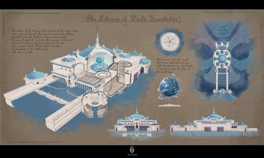 Blueprint-style artistic rendering of an underwater park with domed structures and aquatic themes.