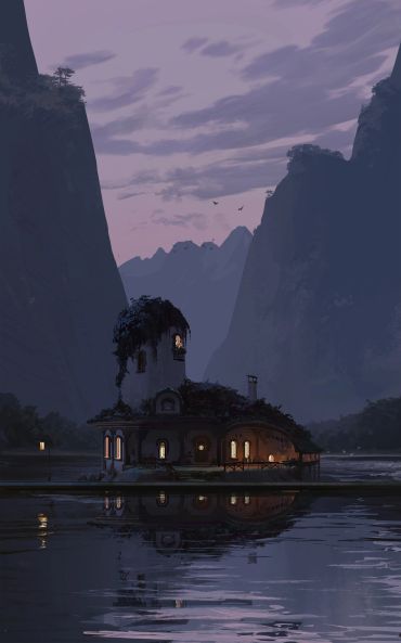 A cozy, illuminated house on water surrounded by towering mountains at twilight.