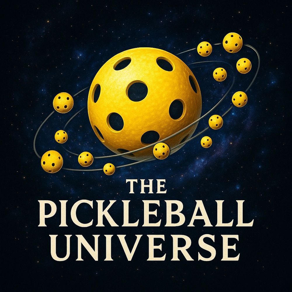 A cosmic scene featuring pickleball balls as planets with orbits, titled 'The Pickleball Universe'.
