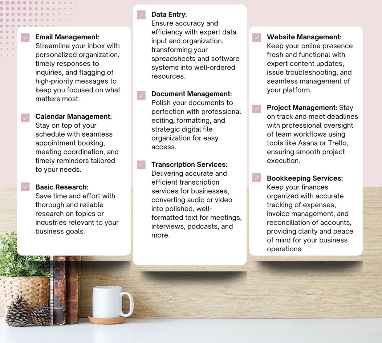 Virtual assistant and bookkeeping services overview featuring email, calendar, research, data entry, transcription, web, project, and bookkeeping management