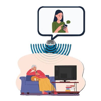 Elderly man video calling a woman while watching TV at home.