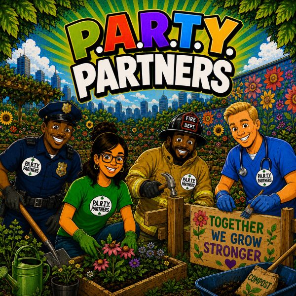 Diverse P.A.R.T.Y. Partners garden together, promoting growth and unity.