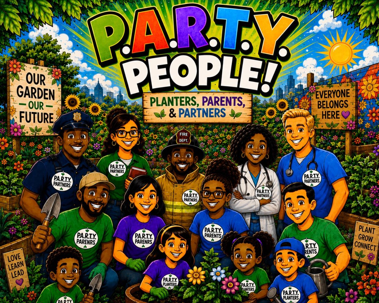 Diverse community group called P.A.R.T.Y. People gardening together in a vibrant, sunny garden.