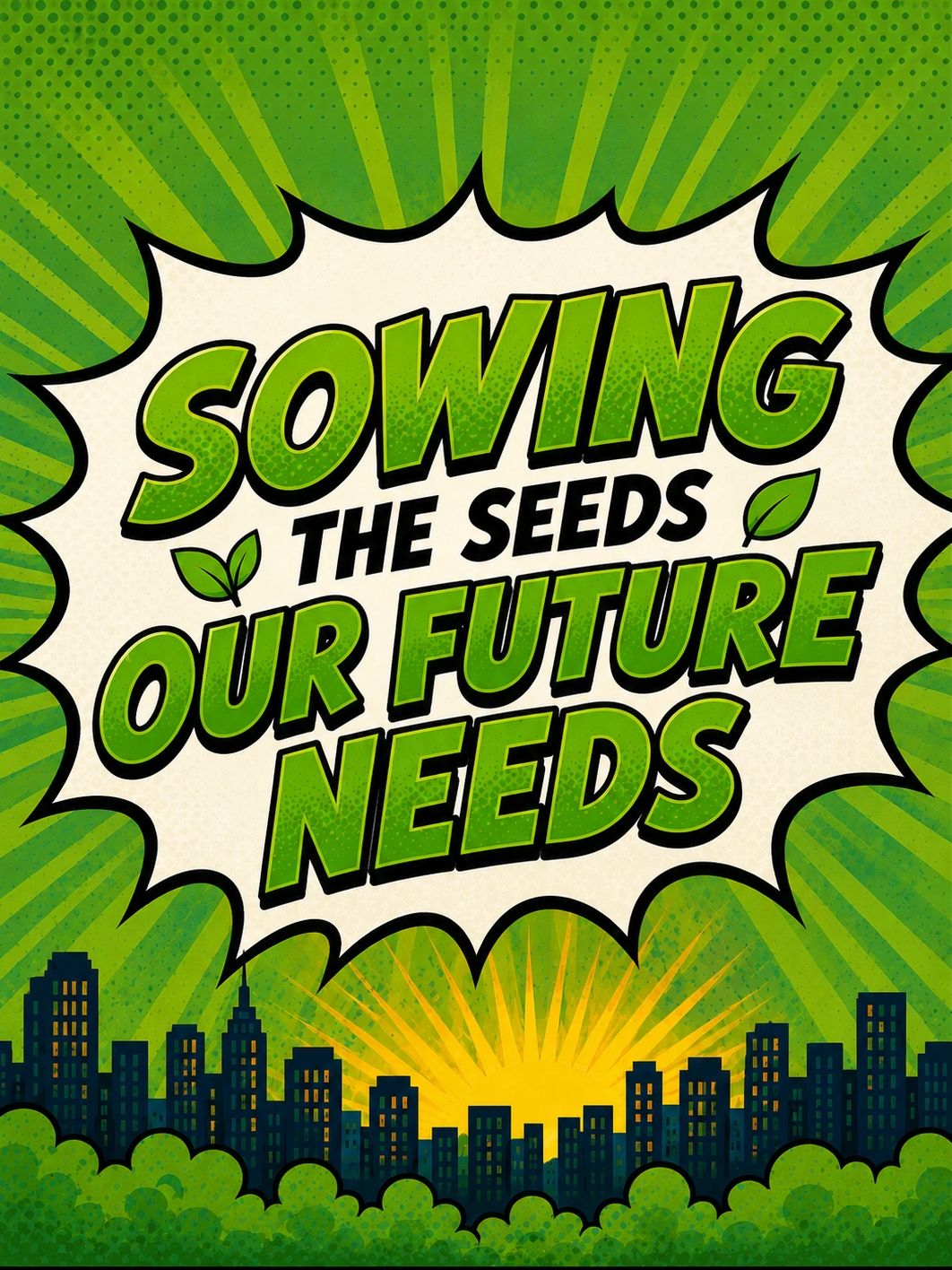 Green-themed comic style poster with the message about planting for the future.