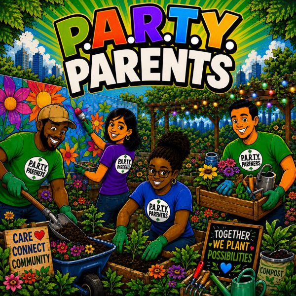 Colorful illustration of diverse parents gardening together under the banner P.A.R.T.Y. Parents.