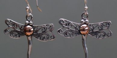 925 silver and 18k gold dragon fly earrings