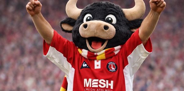 Mascot with bull costume cheering at a sports event.