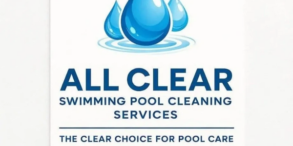 Logo for All Clear Swimming Pool Cleaning Services with water drops.