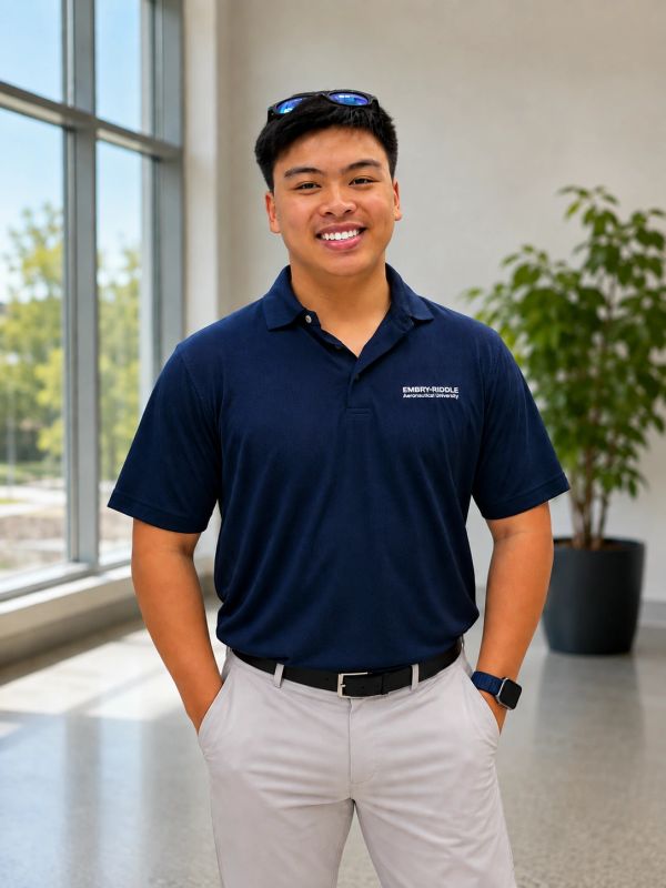 Smiling young man in a navy polo and light pants indoors.