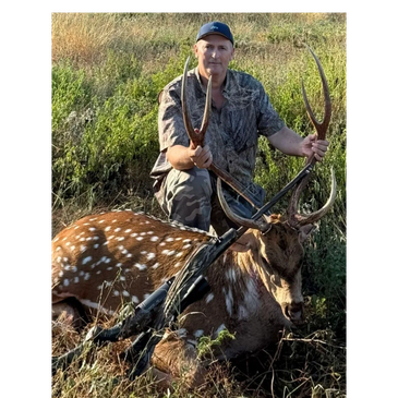 Hunter posing with a large deer and rifle.