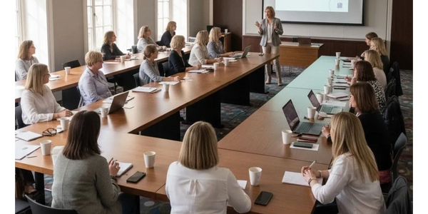 A professional workshop with attendees seated around tables and a presenter speaking.