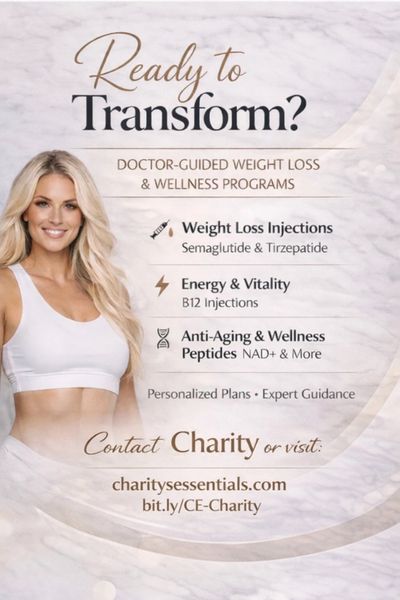 Promoting weight loss, energy, and anti-aging injections with a smiling woman.