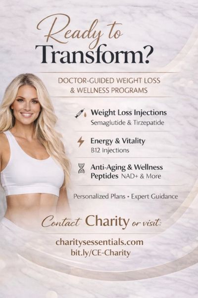 Promoting weight loss, energy, and anti-aging injections with a smiling woman.