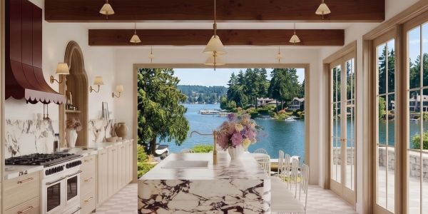 Kitchen with lake view and marble island.
