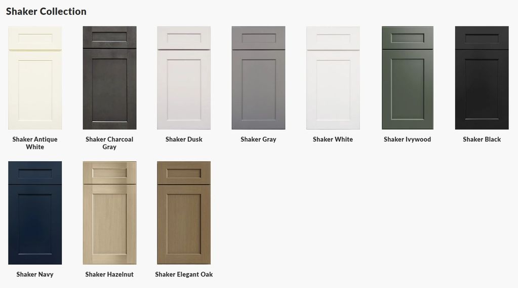 Various shaker cabinet doors in different colors and finishes.