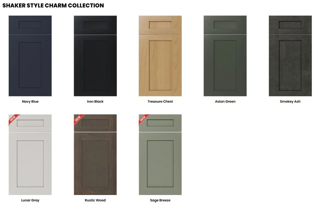 Shaker style cabinet doors in various colors and finishes.