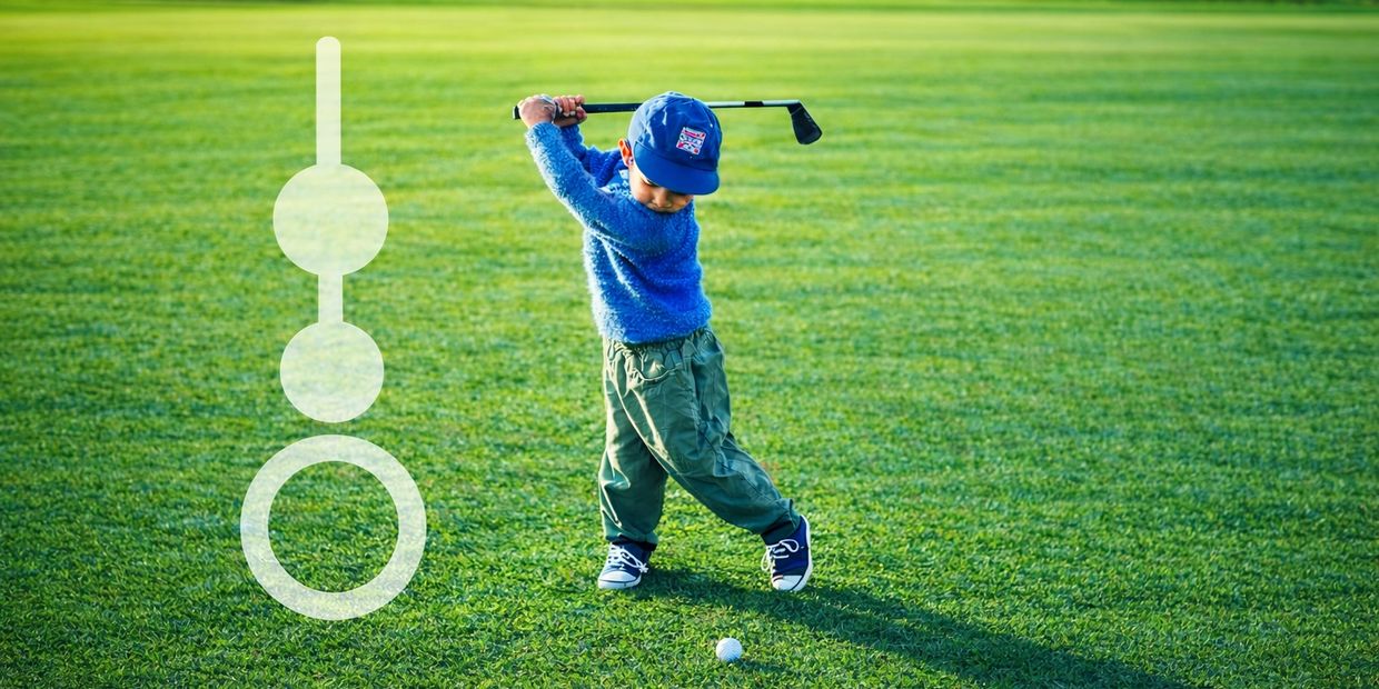 Young child practicing golf swing on a lush green field.