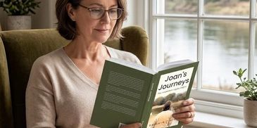 A woman reading a book titled 'Joan's Journeys'.