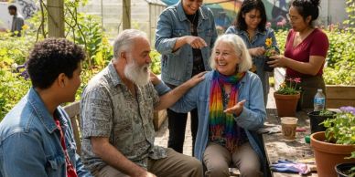 Group of people gardening and sharing a joyful moment.