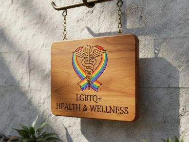 Wooden sign for LGBTQ+ Health &amp; Wellness with a rainbow caduceus.