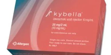 Kybella medicine pills label in red color and a white background