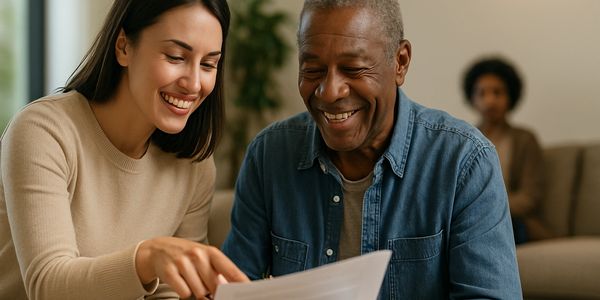 A young woman helps an elderly man review documents with a smile.
