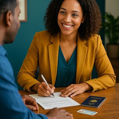 A woman in a mustard blazer helps a man sign documents at a desk.