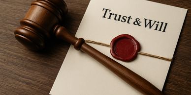 Wooden gavel lying on a trust and will document with a red wax seal.