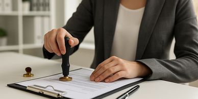 Person stamping a document on a clipboard in a professional setting.