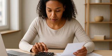 Woman calculates finances using a calculator and documents at a desk.