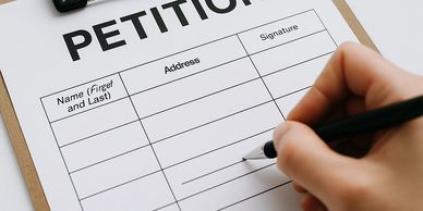 Person filling out a petition form on a clipboard with pen.