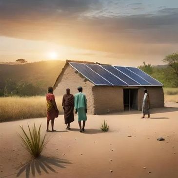 Village building with solar panels on roof.