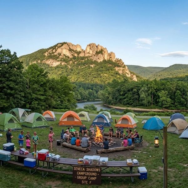 Campers gathered around a campfire at Seneca Shadows with tents and mountain views.