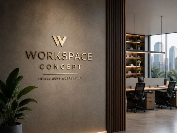 Modern office interior with Workspace Concept branding on wall.