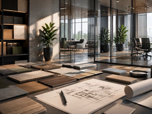 Modern office workspace with architectural plans and material samples on the table.