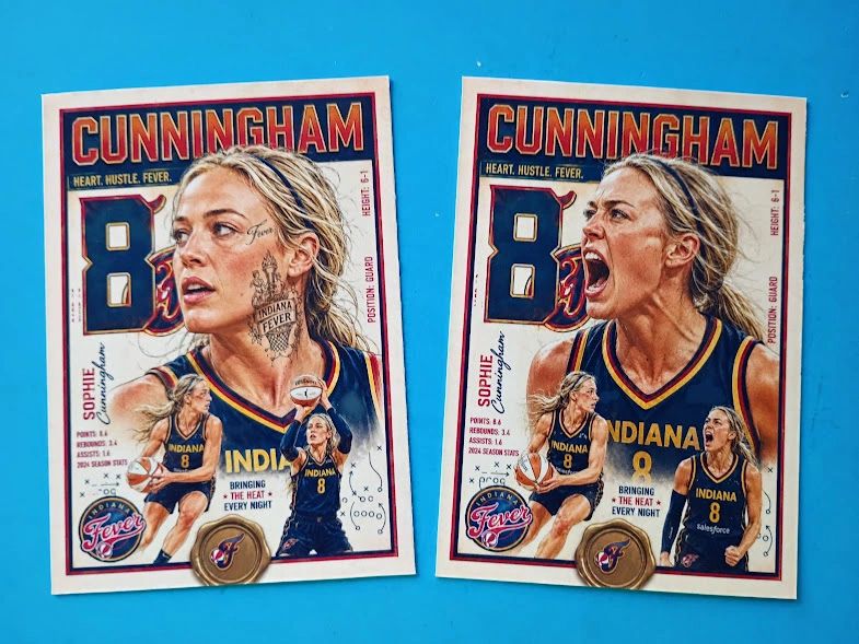 Two basketball cards of Sophie Cunningham in Indiana Fever uniform.