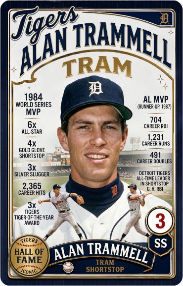Alan Trammell Detroit Tigers baseball card featuring career highlights.