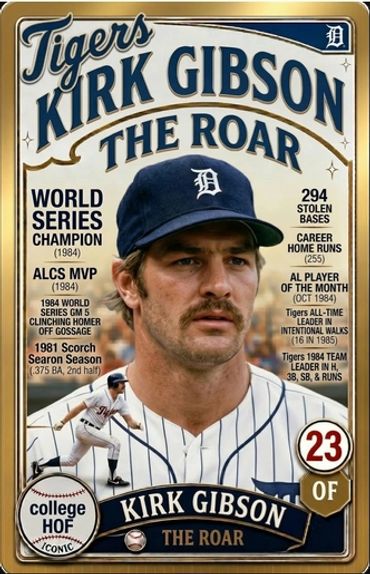 Retro-style baseball card featuring Kirk Gibson, Detroit Tigers icon.