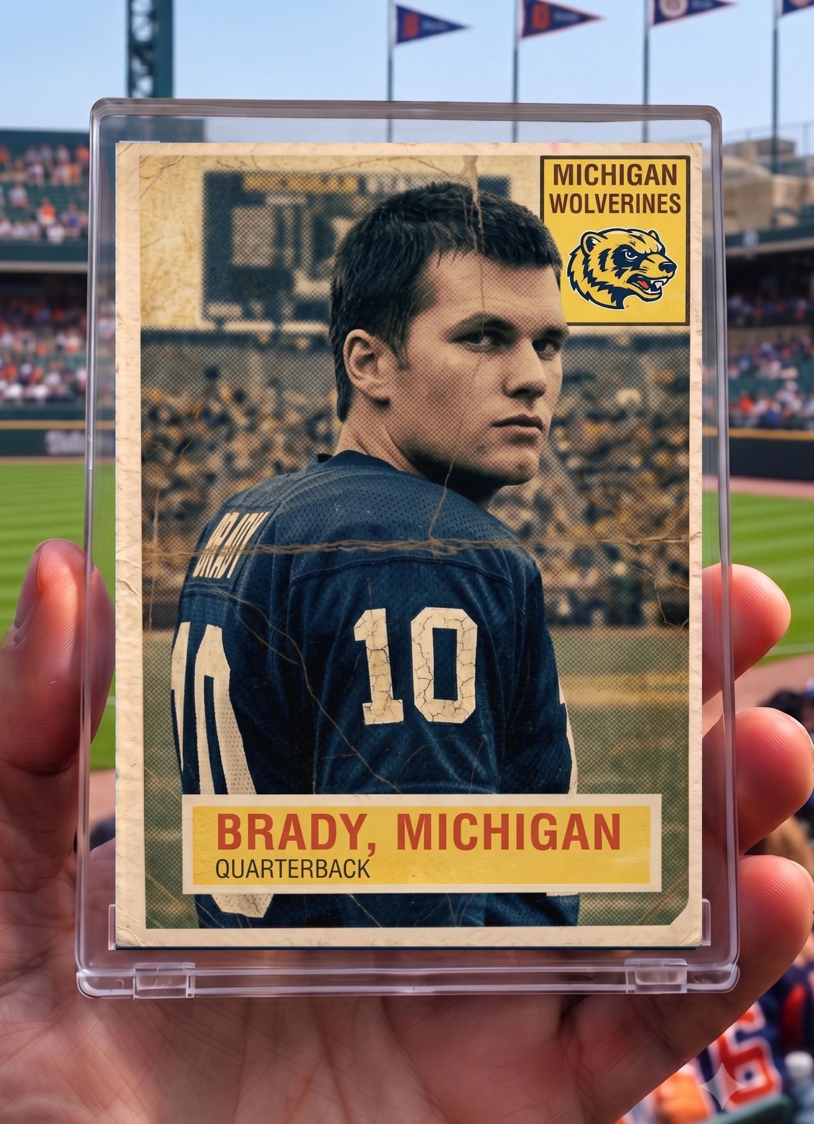 Vintage Michigan Wolverines football card of Brady, quarterback.