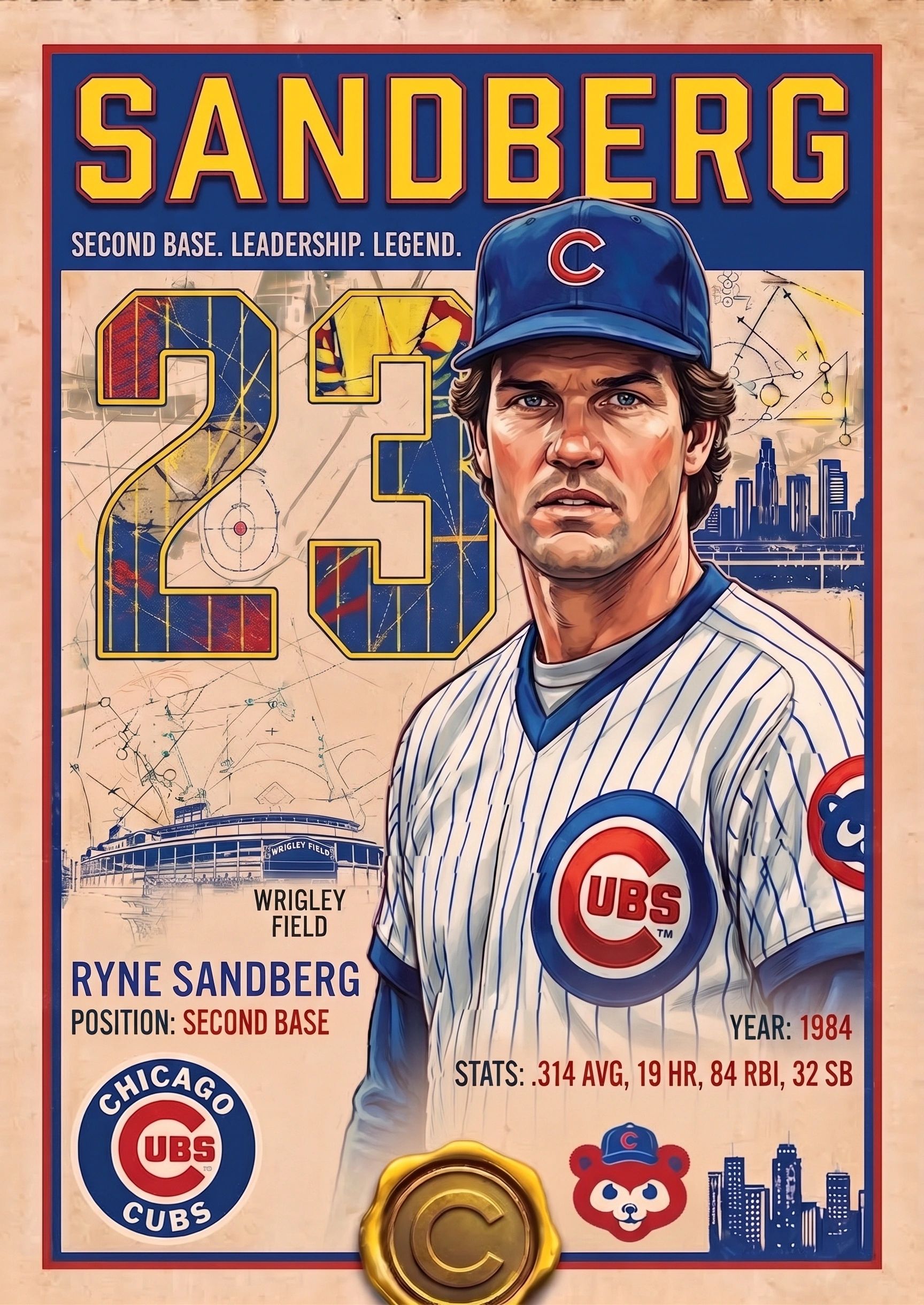 Artistic depiction of Ryne Sandberg, Chicago Cubs second baseman.