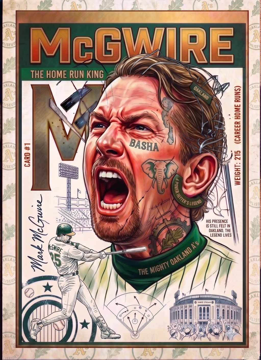 Artistic baseball card of Mark McGwire, home run king.