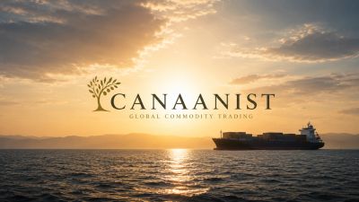 Güneş batarken denizde bir kargo gemisi ve Canaanist logosu.