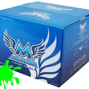 Blue box with Meteor logo and wing design for customized paintball balls.