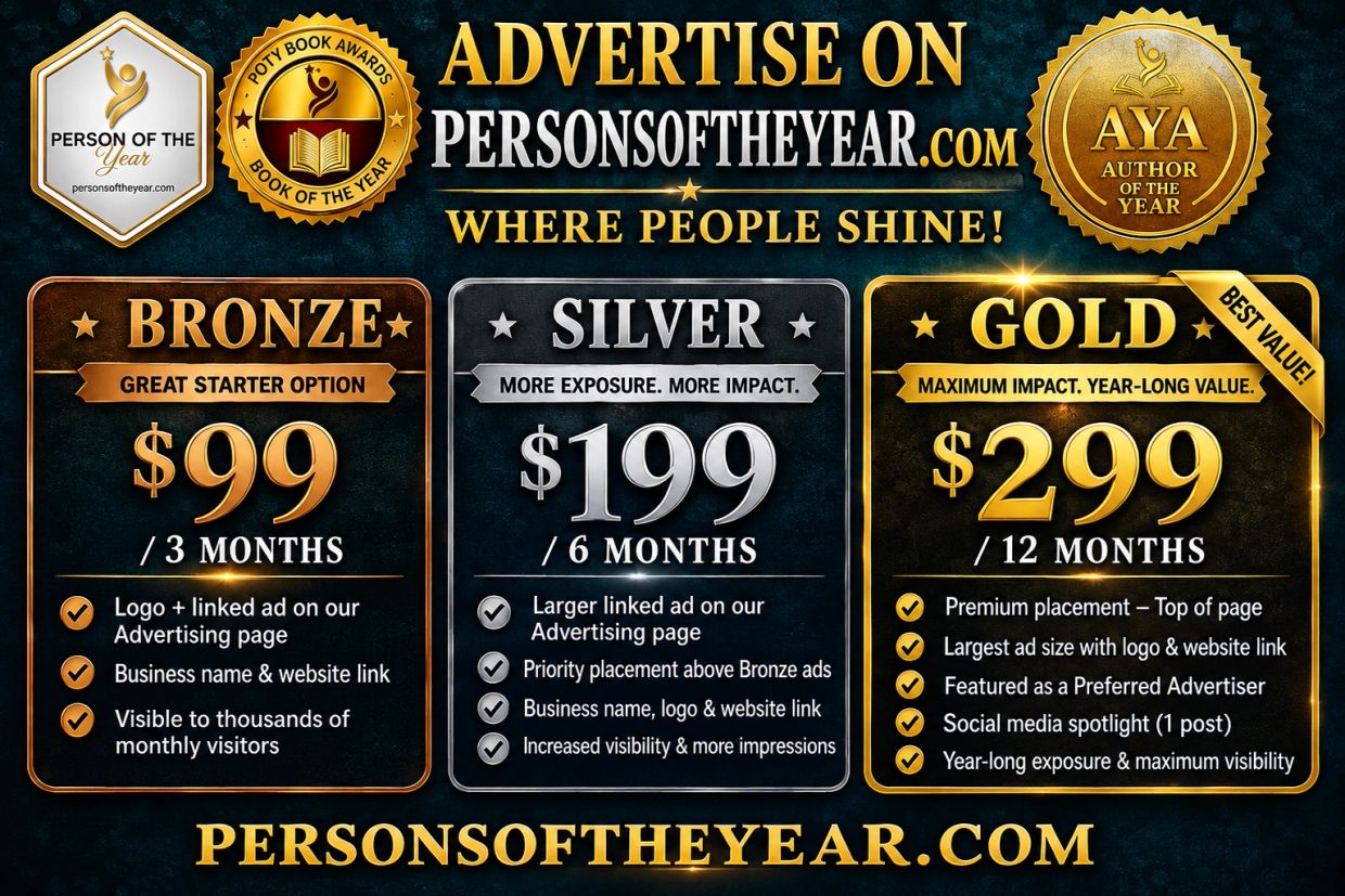 Advertisement packages for Personsoftheyear.com with Bronze, Silver, and Gold options.