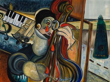 Abstract painting of music instruments.