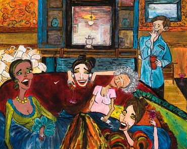 Abstract art of people laughing.